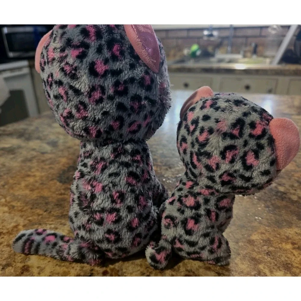 Lot Of 2! Ty Beanie Boos TASHA the Pink & Grey Leopard. Sparkly Eyes. 6&8